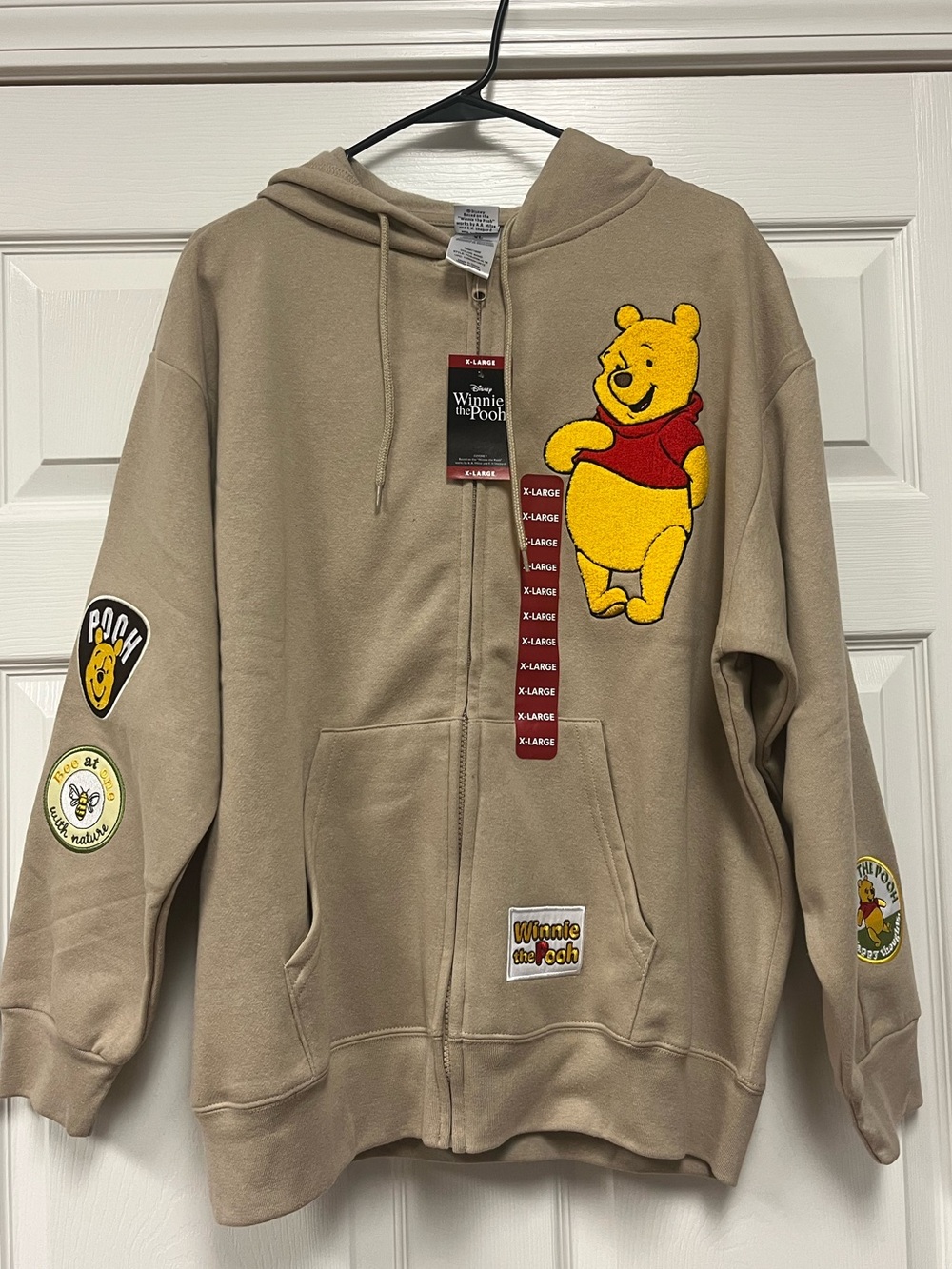 Disney Winnie The Pooh Chenille Patch Full Zip Hoodie NWT XL Sand Beige